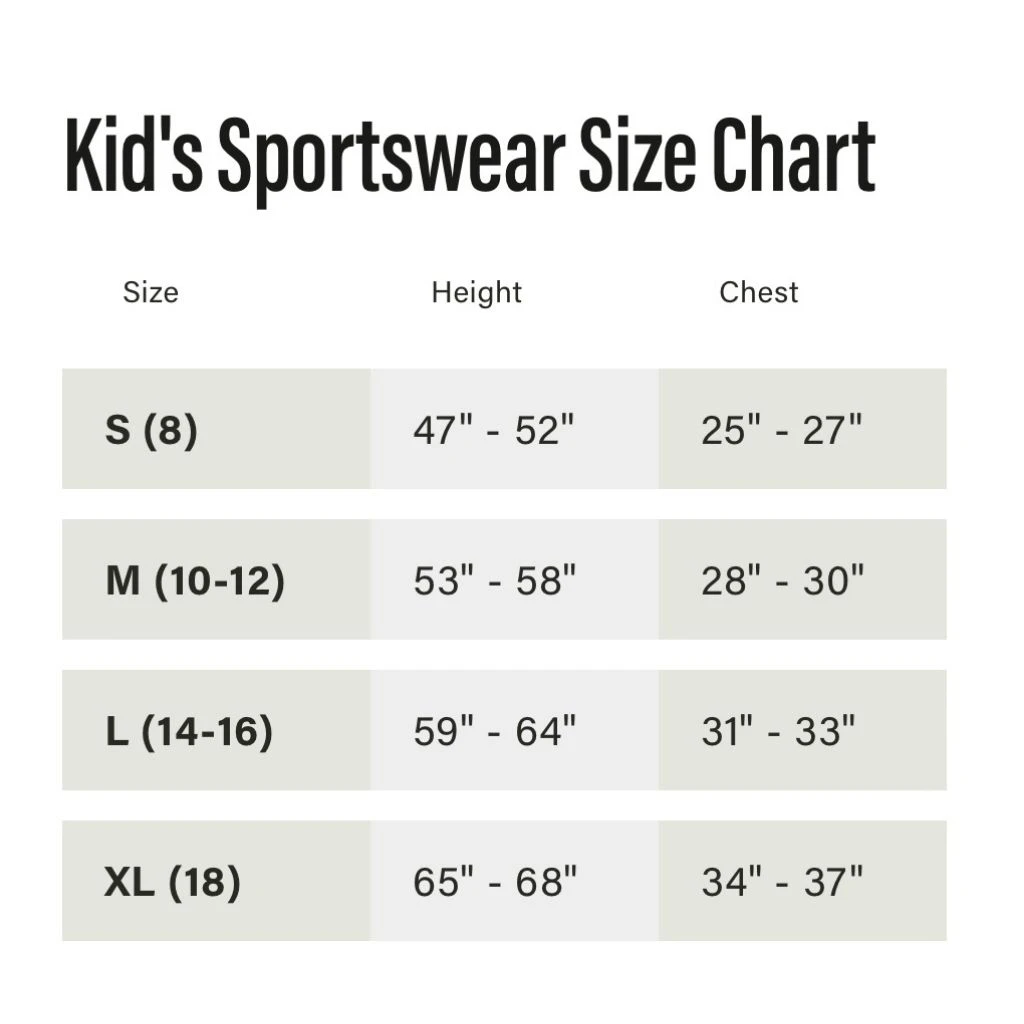 Kid's Sportswear Size Chart.