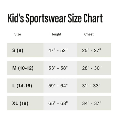 Kid's Sportswear Size Chart.