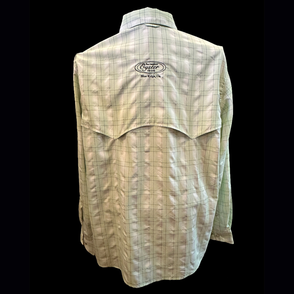 Simms Big Sky Long Sleeve Shirt in light green/night fall plaid featuring Oyster fly rods logo and storm shield.