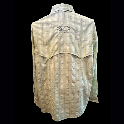 Simms Big Sky Long Sleeve Shirt in light green/night fall plaid featuring Oyster fly rods logo and storm shield.