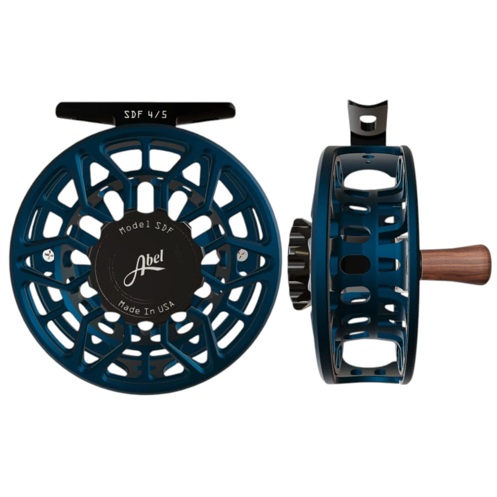 Abel SDF 4/5 weight fly fishing reel with ported satin deep blue frame and black drag knob.