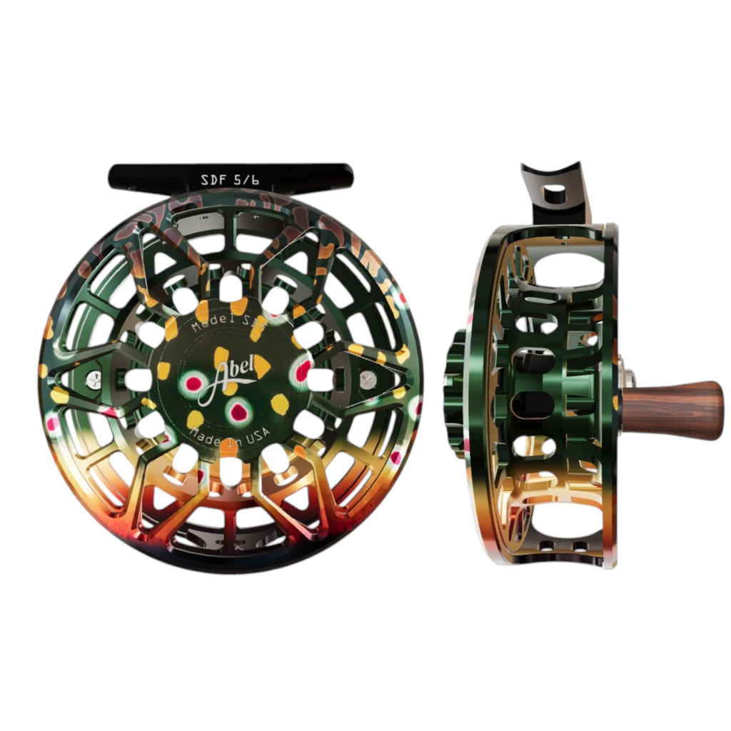 Abel SDF 6/7 weight fly fishing reel with ported native brook trout frame and drag knob.