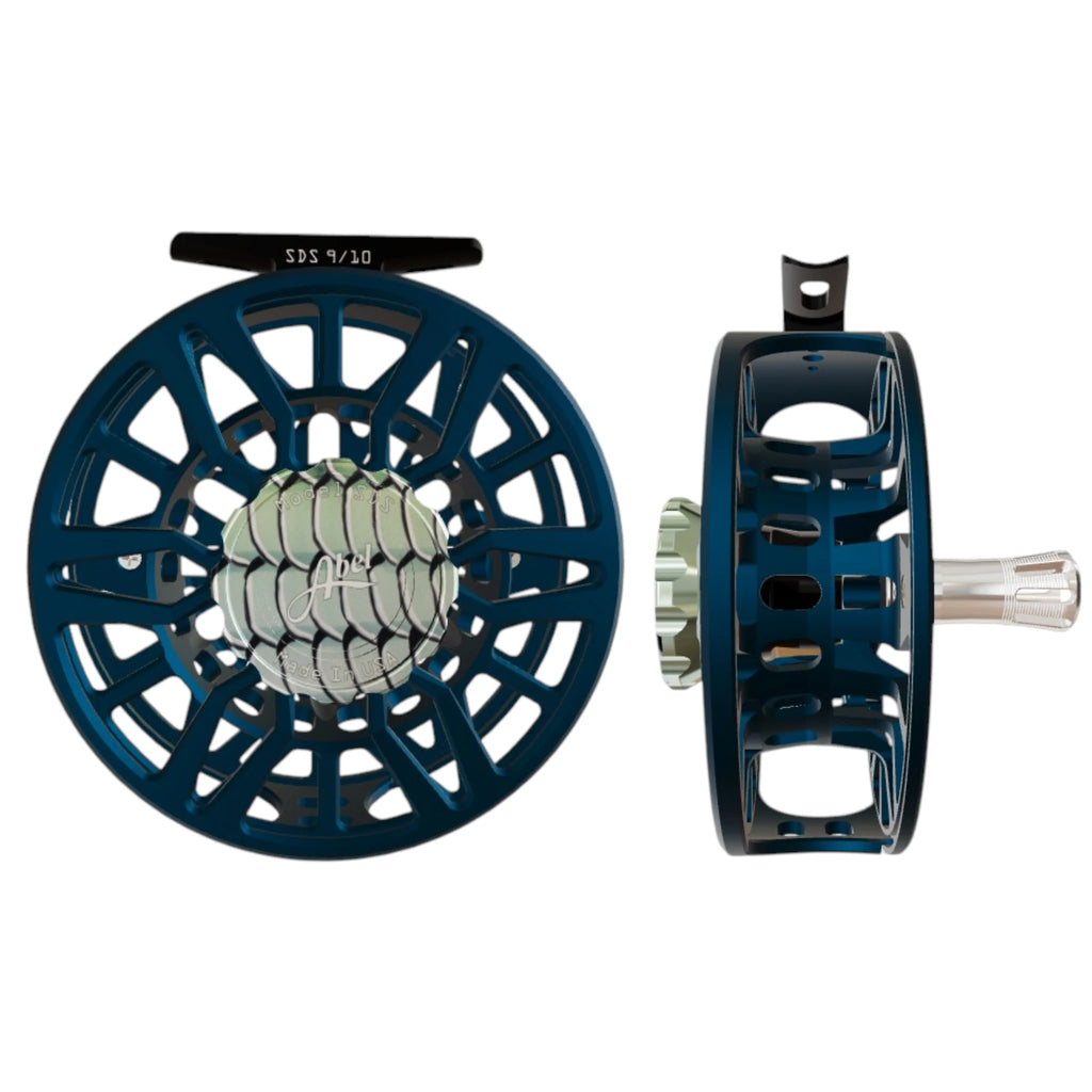 Abel SDS 9/10 weight fly fishing reel with ported satin deep blue frame and bonefish drag knob.