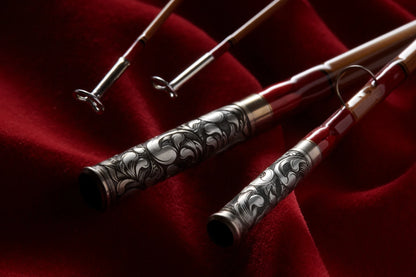 7'9" 5wt bamboo fly rod with hand engraved scroll on nickel silver ferrules.