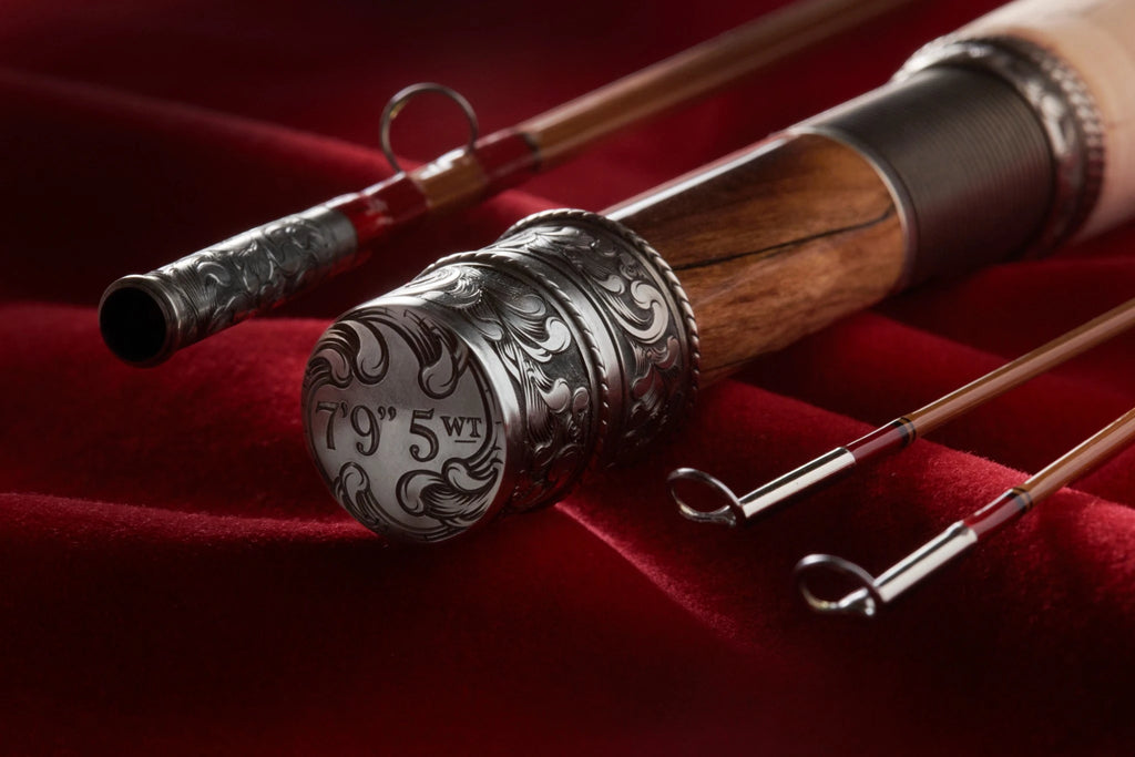 7'9" 5wt bamboo fly rod with hand engraved scroll nickel silver butt cap, rod seat, and ferrule.