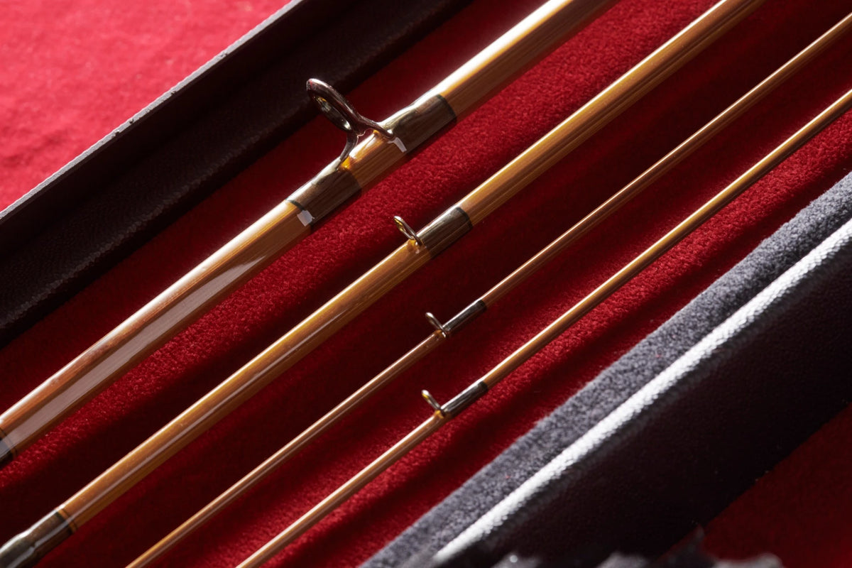 Up close shot of handcrafted 8' 7wt bamboo fly fishing rod.