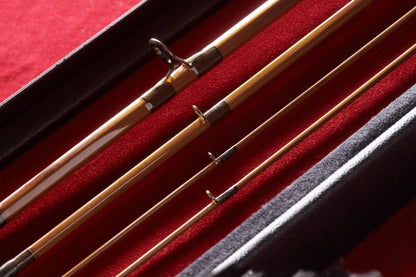 Up close shot of handcrafted 8' 7wt bamboo fly fishing rod.