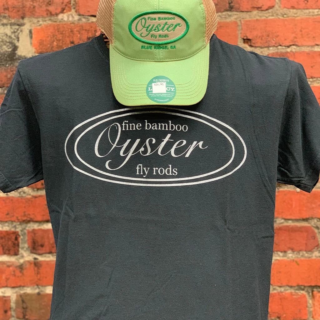 Comfort colors black men's unisex T-shirt featuring Oyster fine bamboo fly rods logo. 