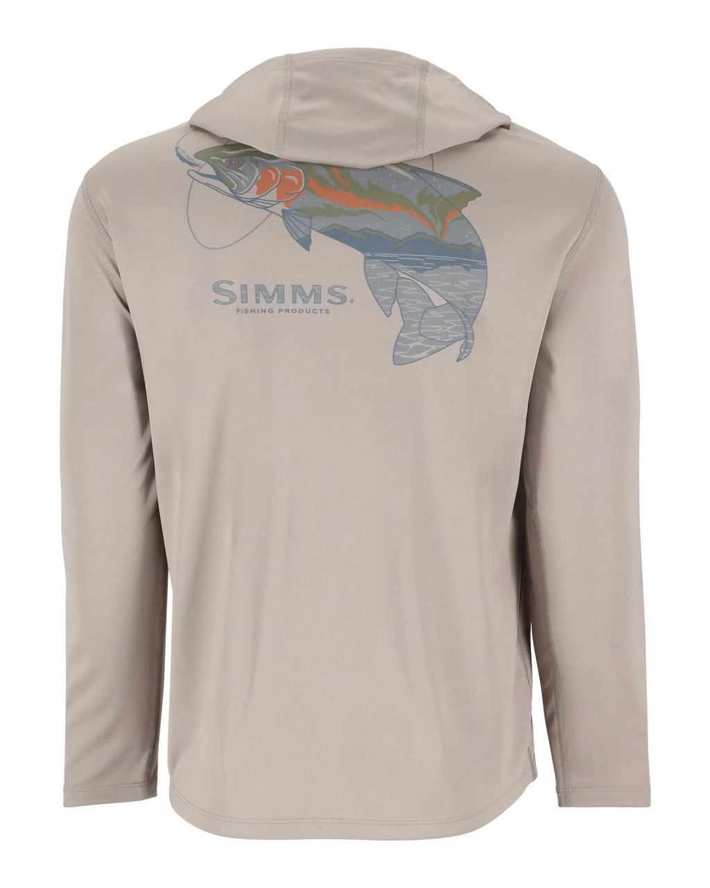 Simms Tech hoody Artist Edition in dolomite featuring trout design.