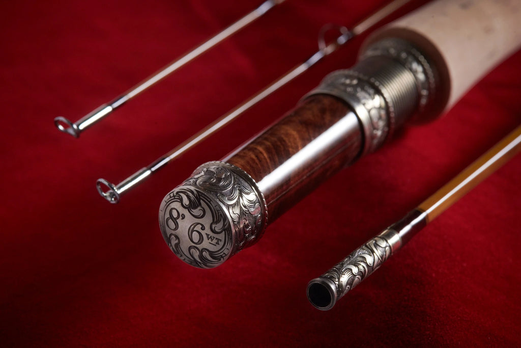 8' 6wt bamboo fly rod with hand engraved butt cap and ferrules from Oyster Bamboo. 