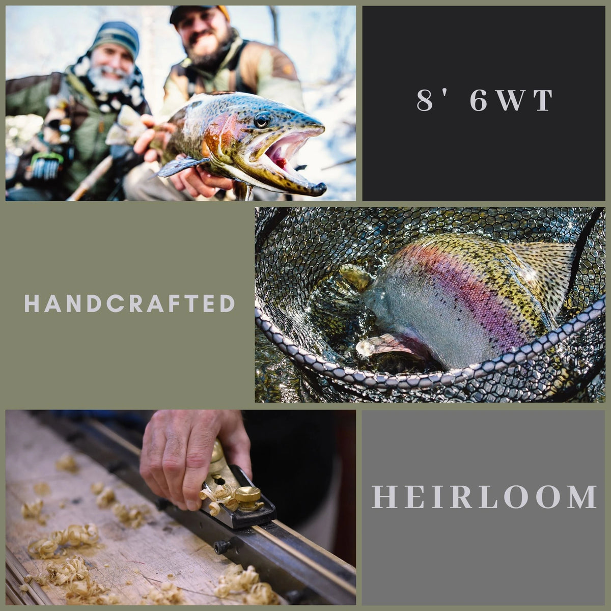 Collage of bamboo fly rod from Oyster Bamboo being used to catch rainbow trout.