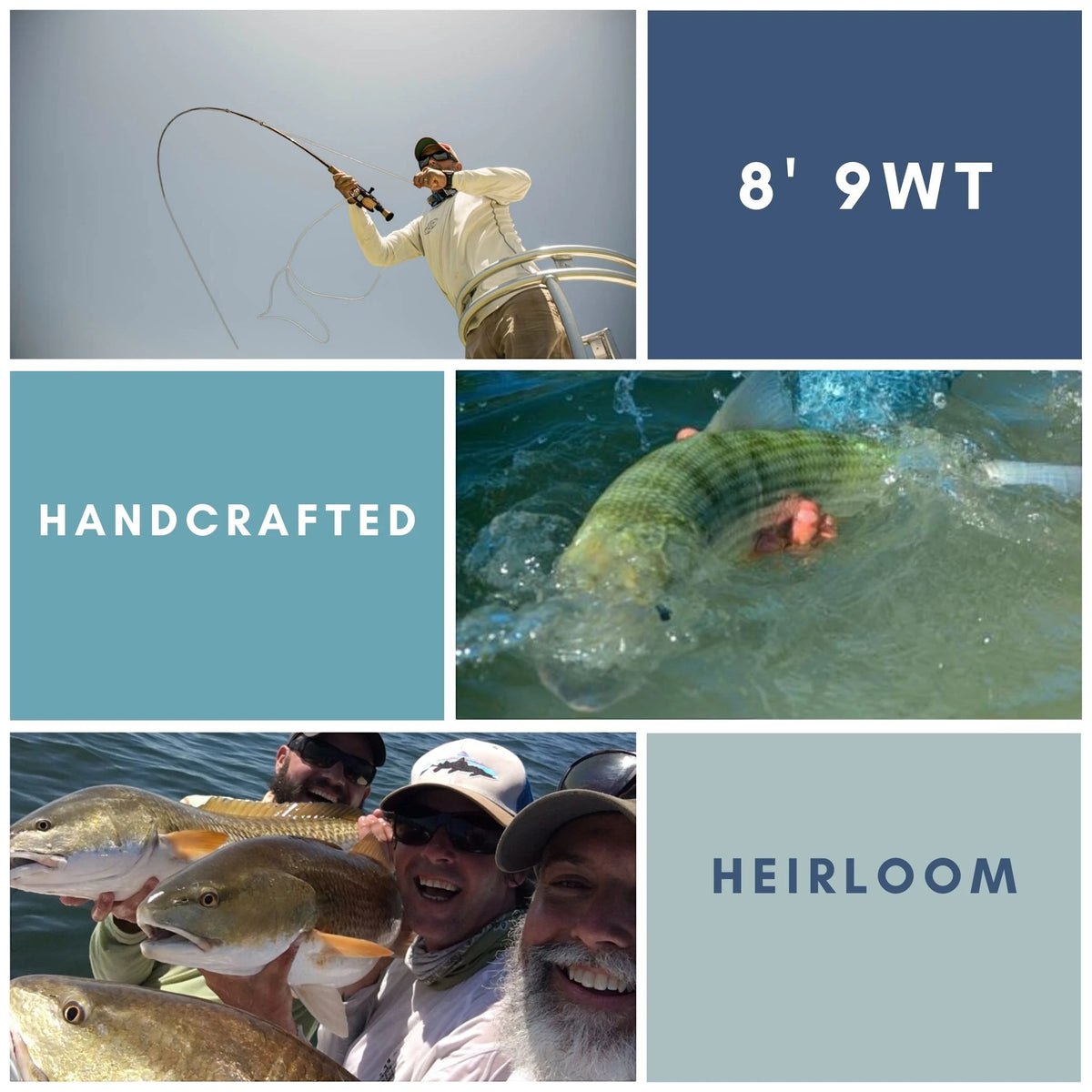 Collage of bamboo fly rod from Oyster Bamboo being used to catch saltwater fish. 