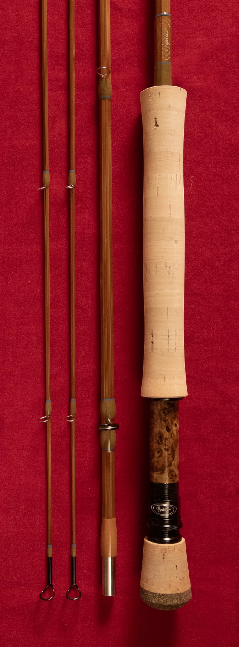 8' 9wt bamboo fly rod with Portuguese cork butt cap and handle from Oyster Bamboo. 