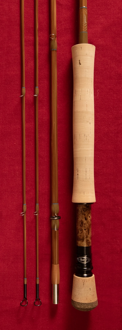 8' 9wt bamboo fly rod with Portuguese cork butt cap and handle from Oyster Bamboo. 