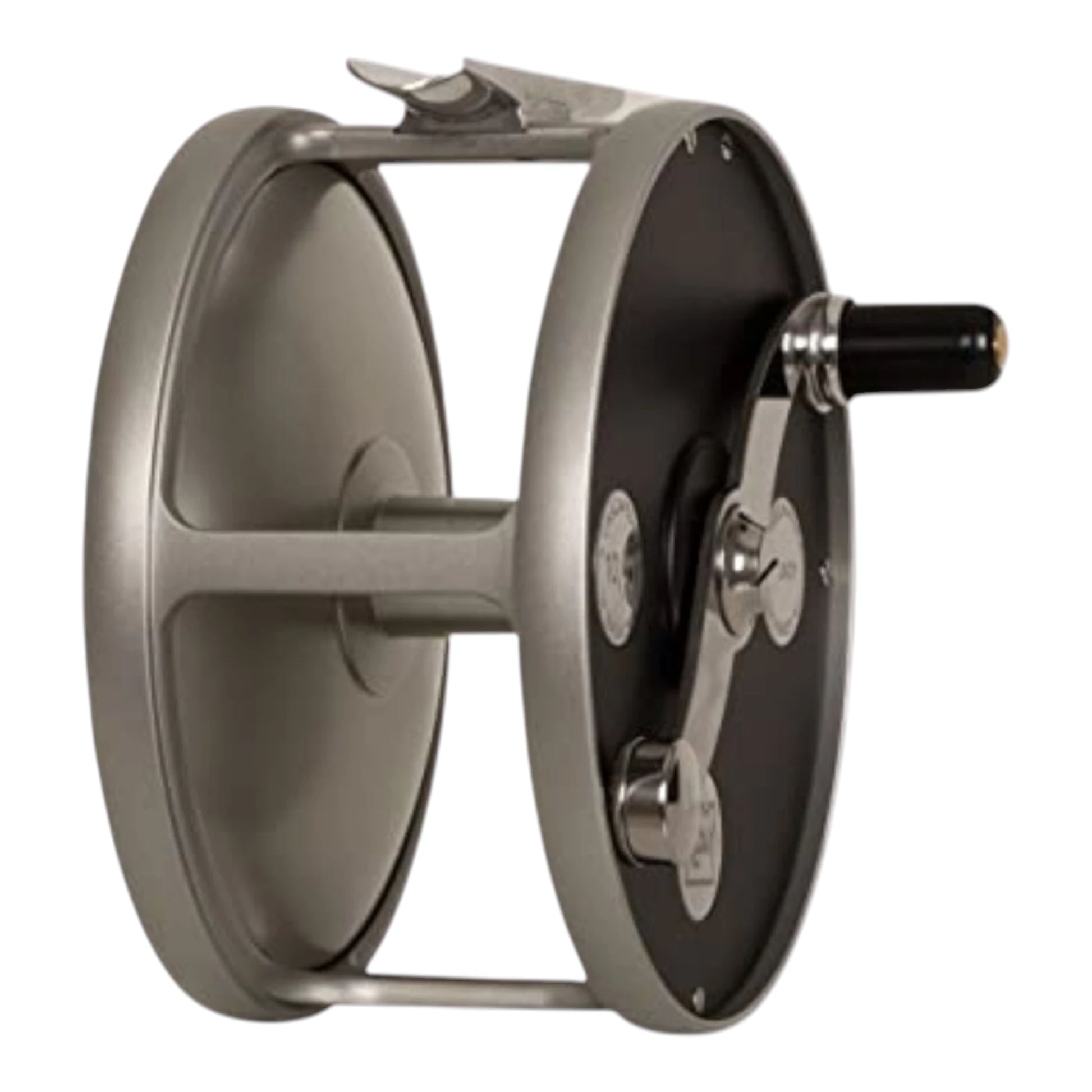 Hardy Cascapedia 6/7 weight fly fishing reel with black, solid aluminum frame and silver S-shaped handle. 
