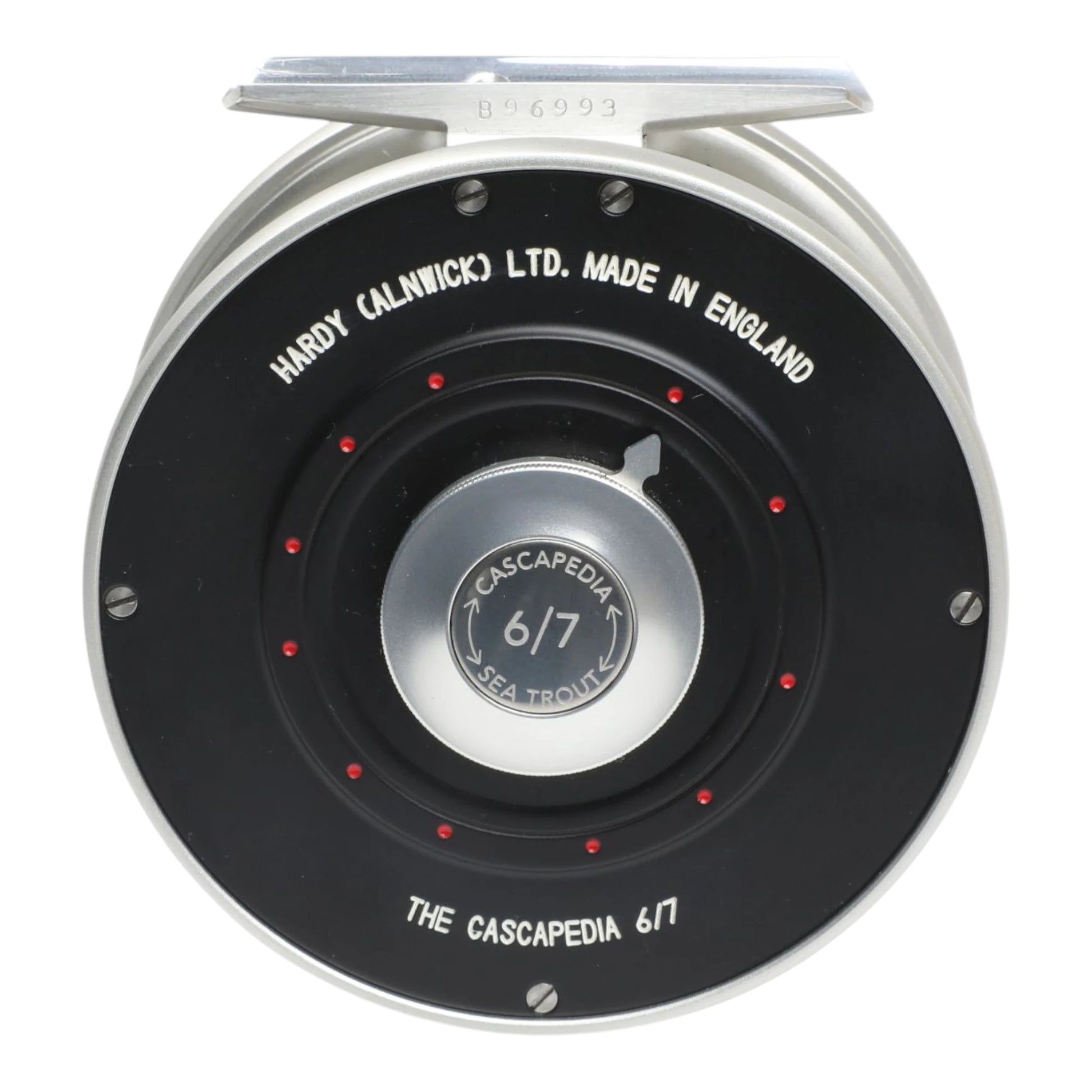 Hardy Cascapedia fly fishing reel with black solid frame and aluminum porting. 