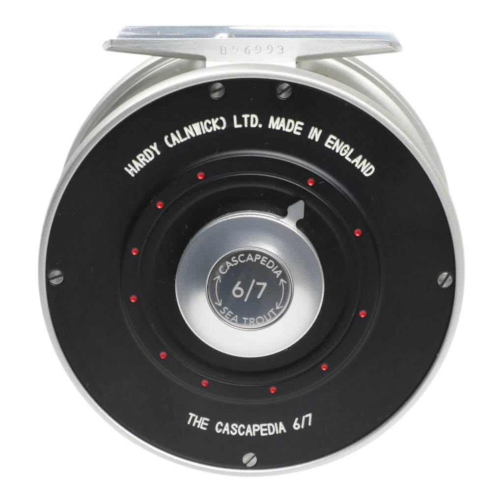 Hardy Cascapedia fly fishing reel with black solid frame and aluminum porting. 
