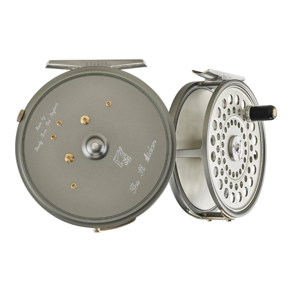 Hardy Featherweight 4/5 weight fly fishing reel with engraved Hardy logo and gold accents on an aluminum frame.