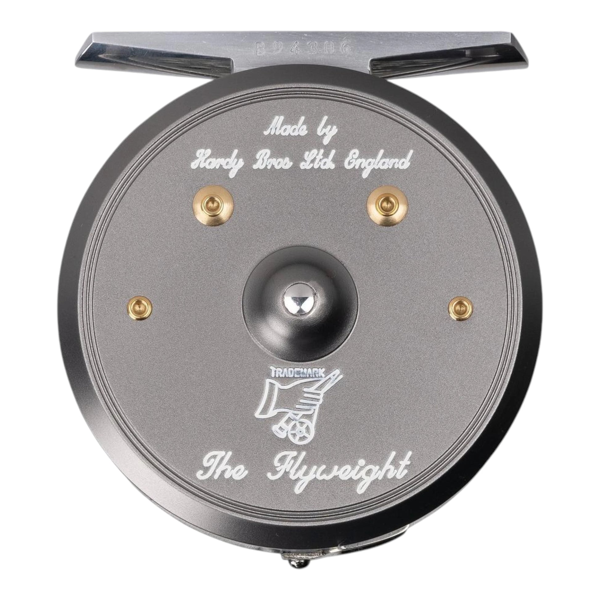 Hardy Flyweight 2/3 weight fly fishing reel with gold accents and solid, aluminum frame. 