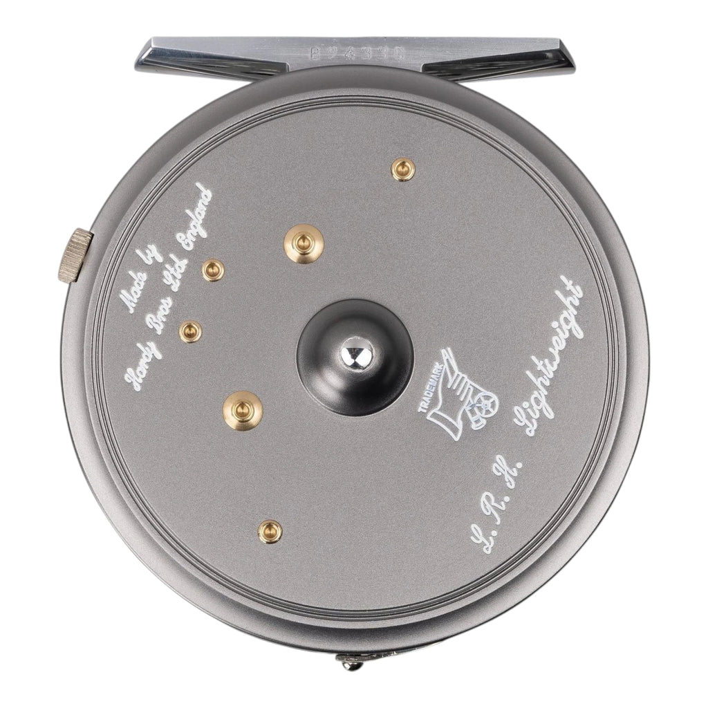 Hardy LRH Lightweight fly fishing reel, 5/6/7 weight with engraved Hardy logo and gold accents. 