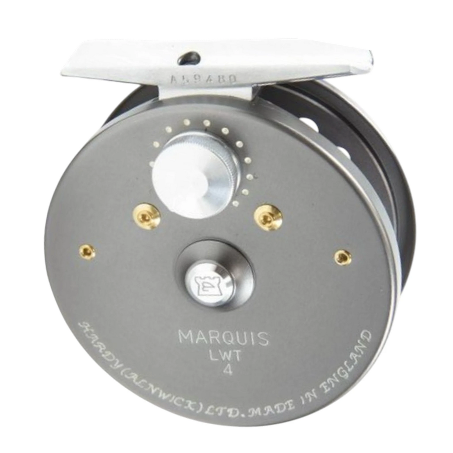 Hardy Marquis LWT 3/4 weight fly fishing reel with gunmetal frame and silver and gold accents.