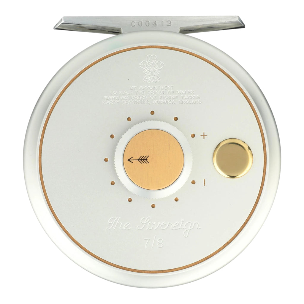 Hardy Sovereign 7/8 weight fly fishing reel with spitfire silver frame and gold accents. 