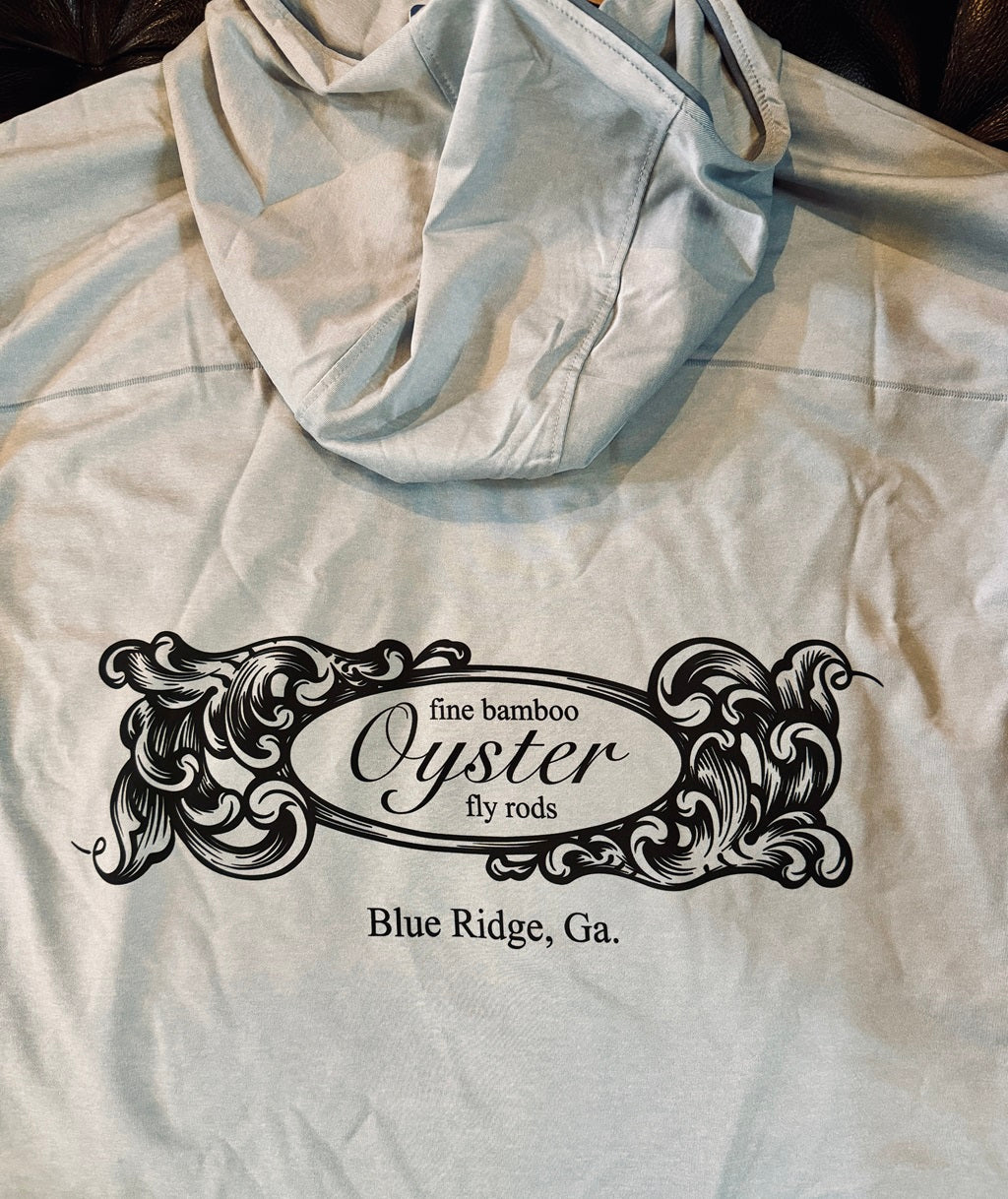 Oyster bamboo fly rods logo on solarflex hoody.