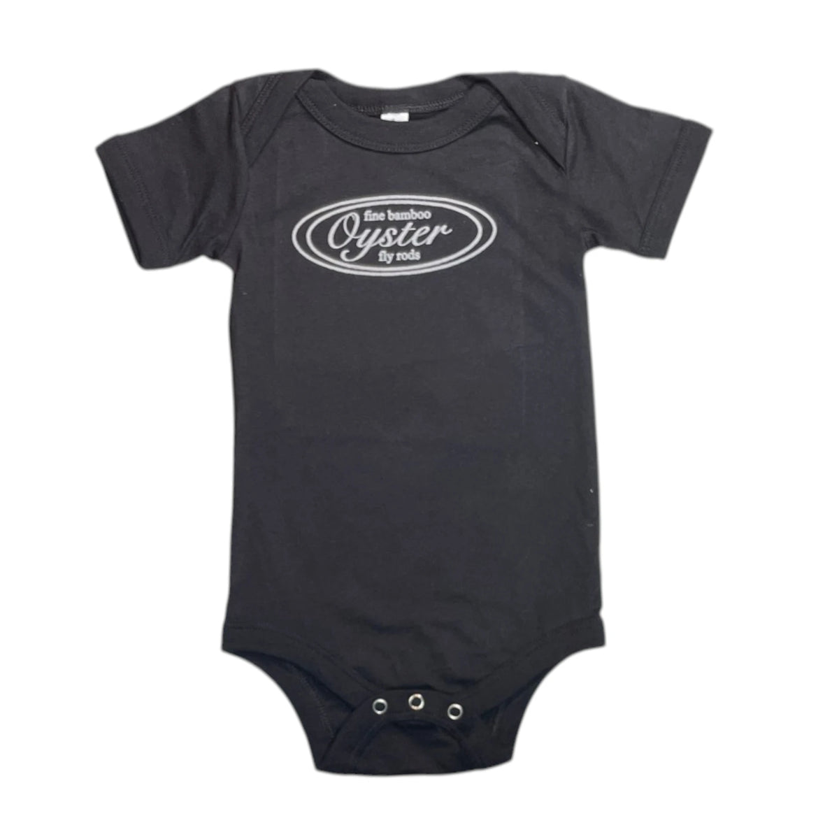Oyster Fly Rods logo infant onesie in black.