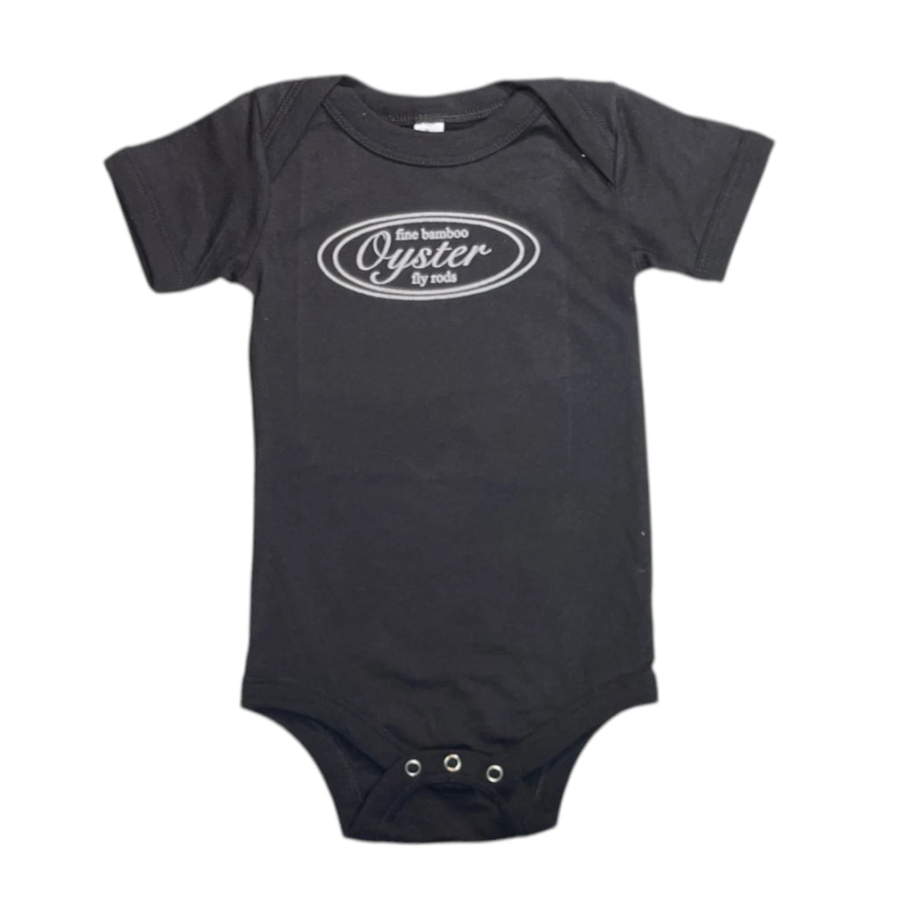 Oyster Fly Rods logo infant onesie in black.