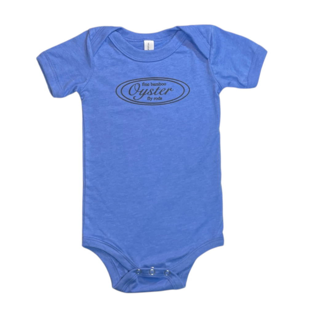 Oyster Fly Rods logo infant onesie in blue.