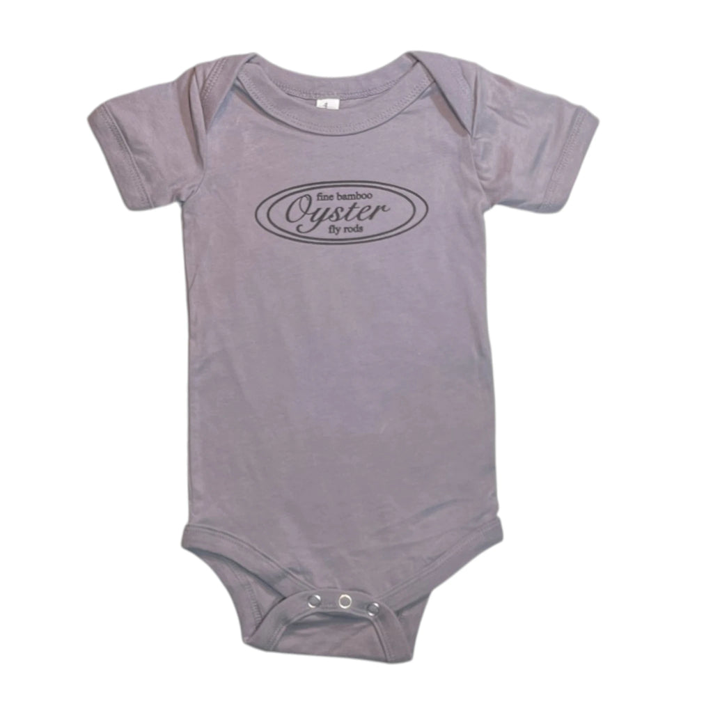 Oyster Fly Rods logo infant onesie in gray.