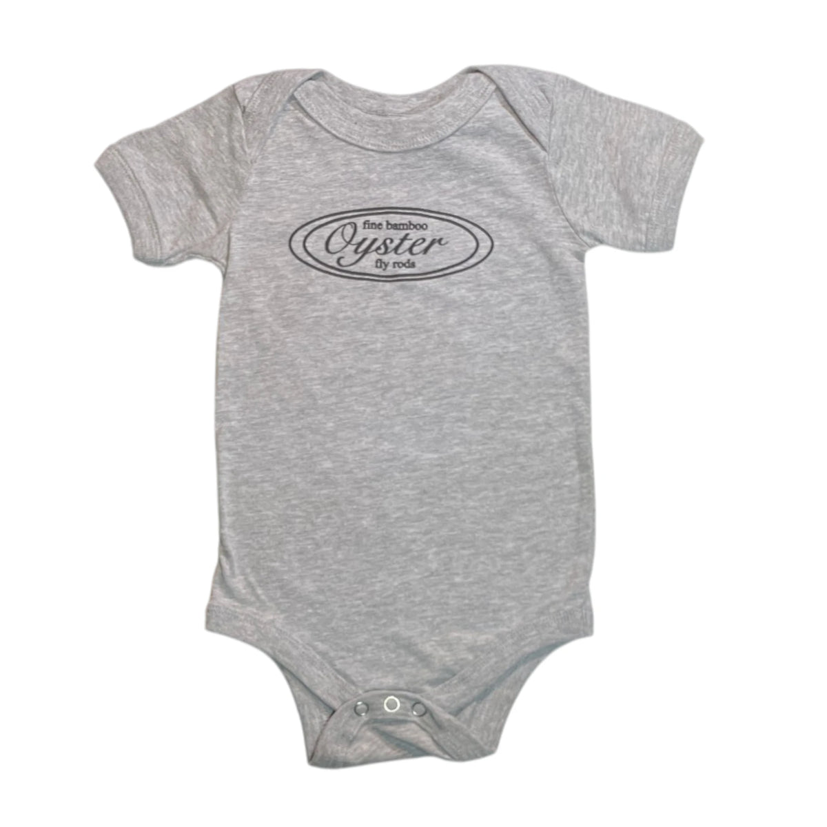Oyster Fly Rods logo infant onesie in heather gray.