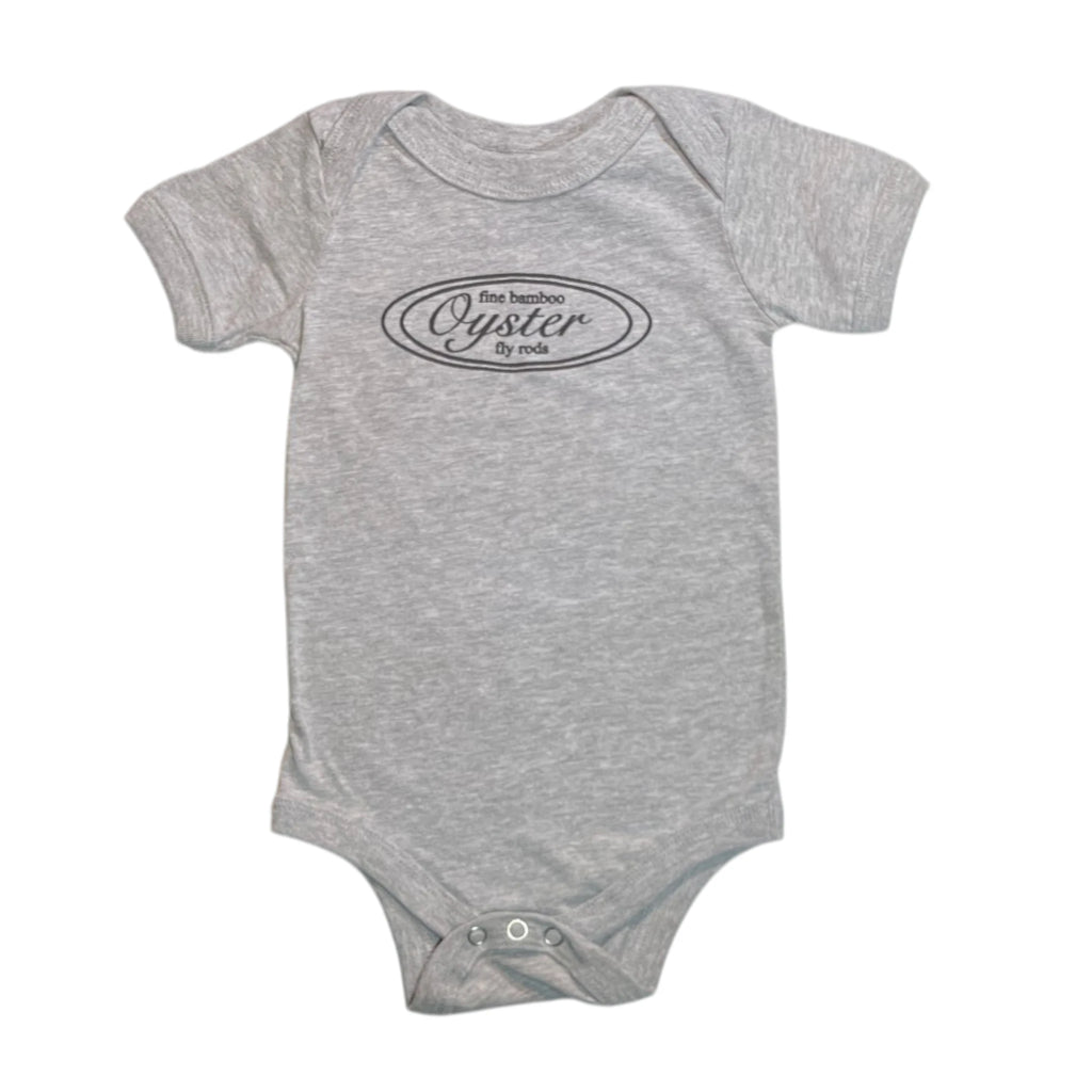 Oyster Fly Rods logo infant onesie in heather gray.