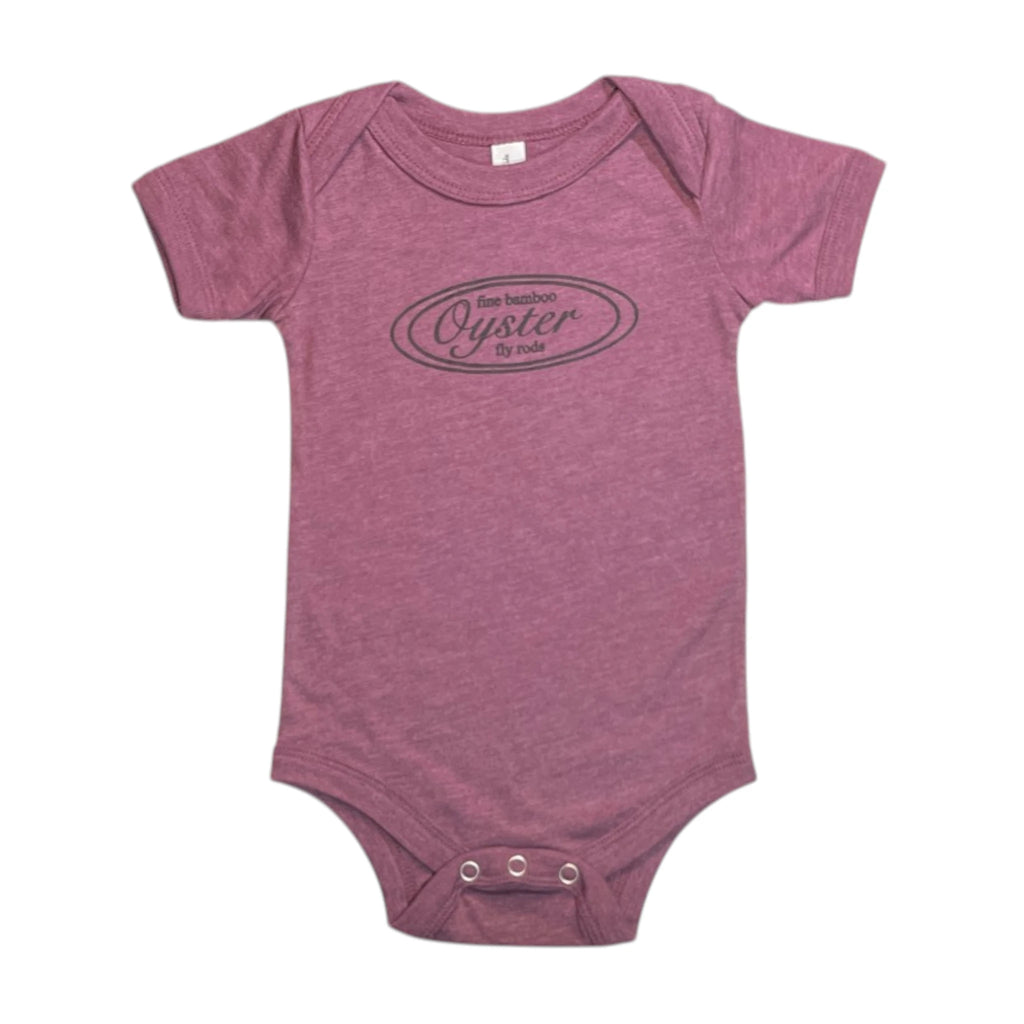 Oyster Fly Rods logo infant onesie in heather maroon.