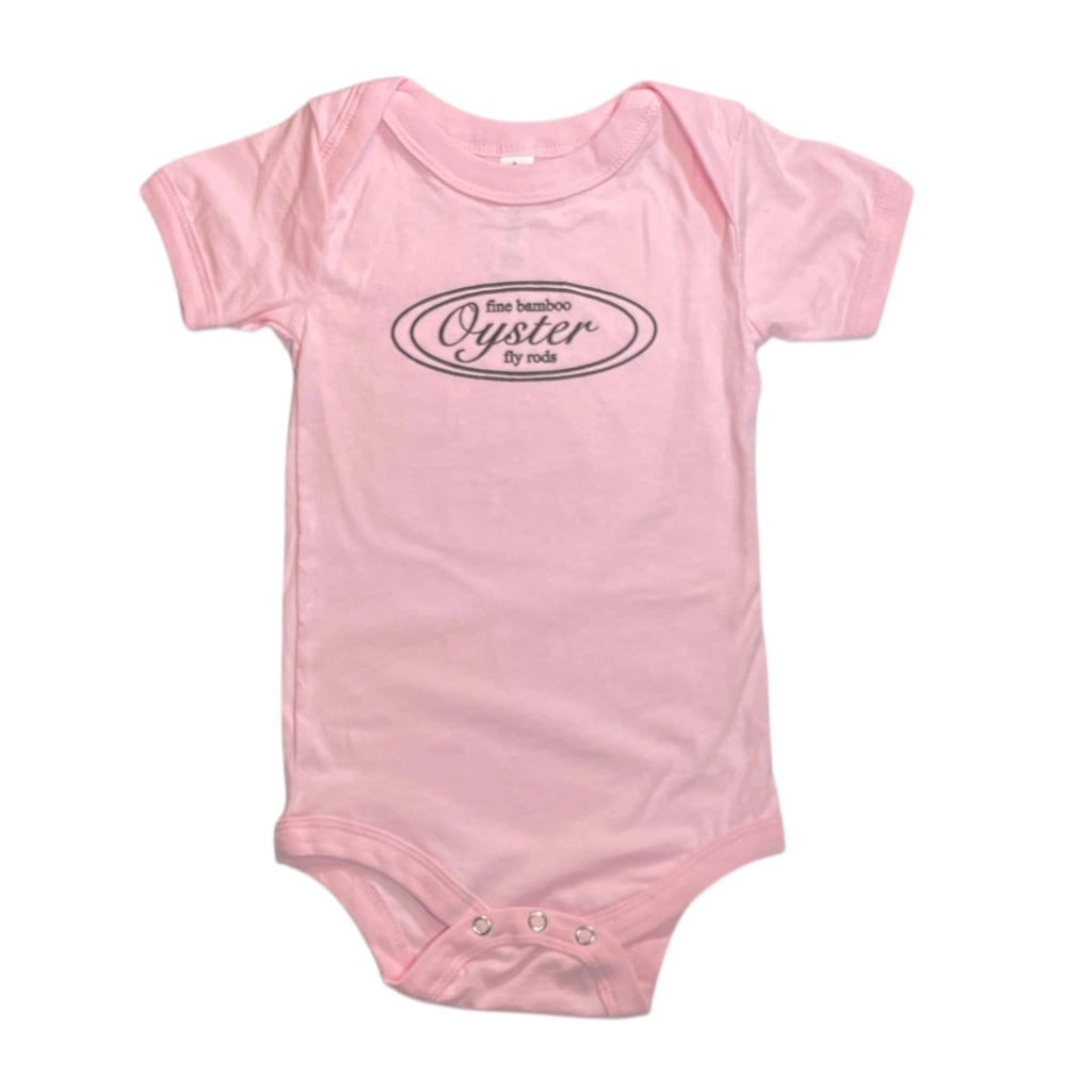 Oyster Fly Rods logo infant onesie in pink.