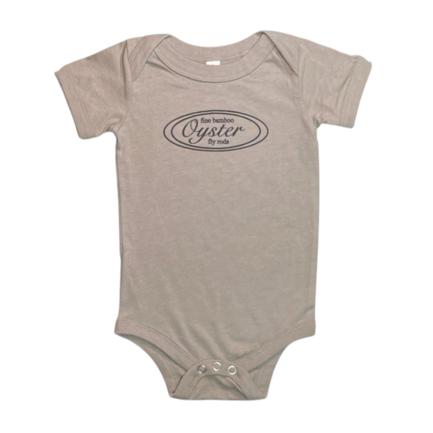 Oyster Fly Rods logo infant onesie in storm gray.