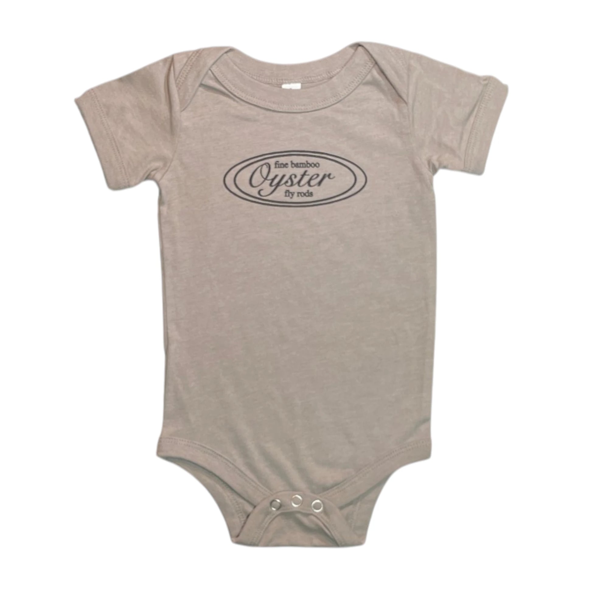 Oyster Fly Rods logo infant onesie in storm gray.