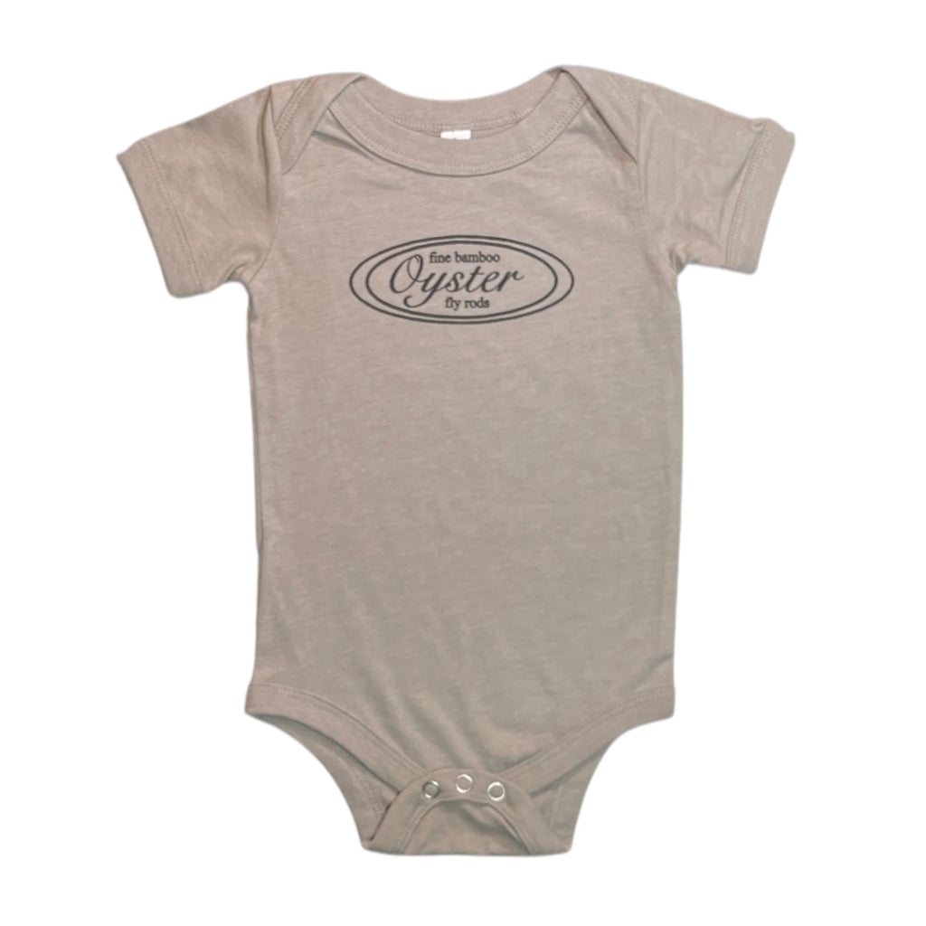 Oyster Fly Rods logo infant onesie in storm gray.