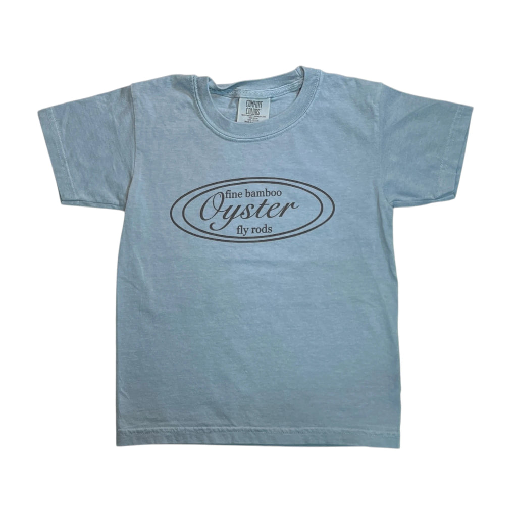 Oyster Fly Rods logo youth t-shirt in ice blue.