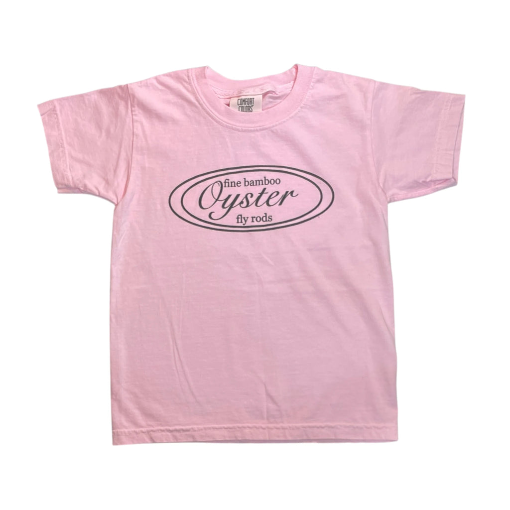 Oyster Fly Rods logo youth t-shirt in pink.