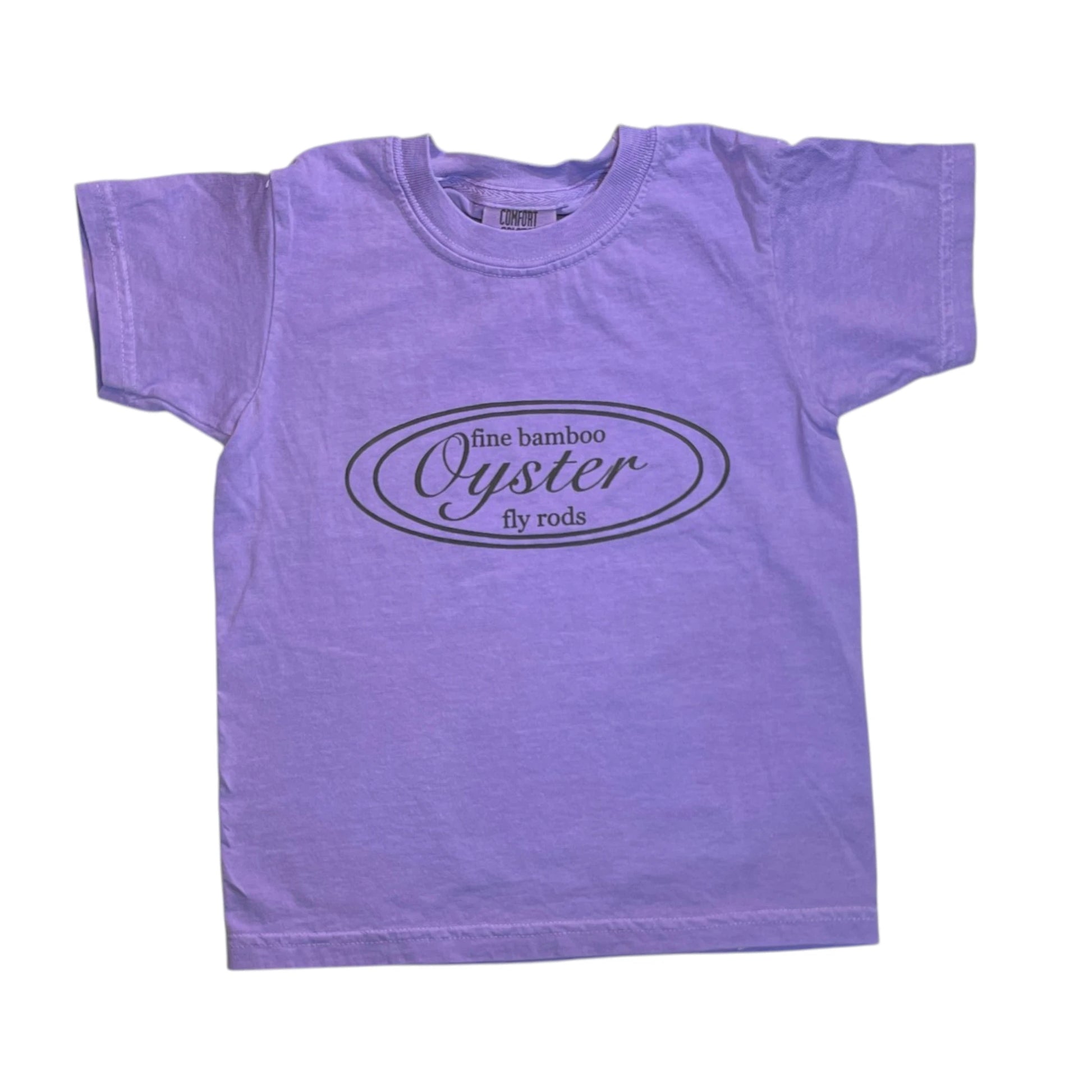 Oyster Fly Rods logo youth t-shirt in violet purple.