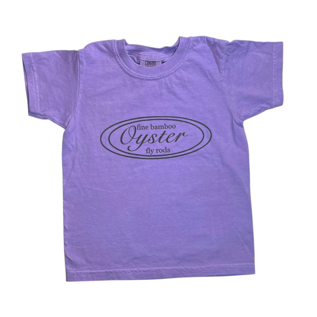 Oyster Fly Rods logo youth t-shirt in violet purple.