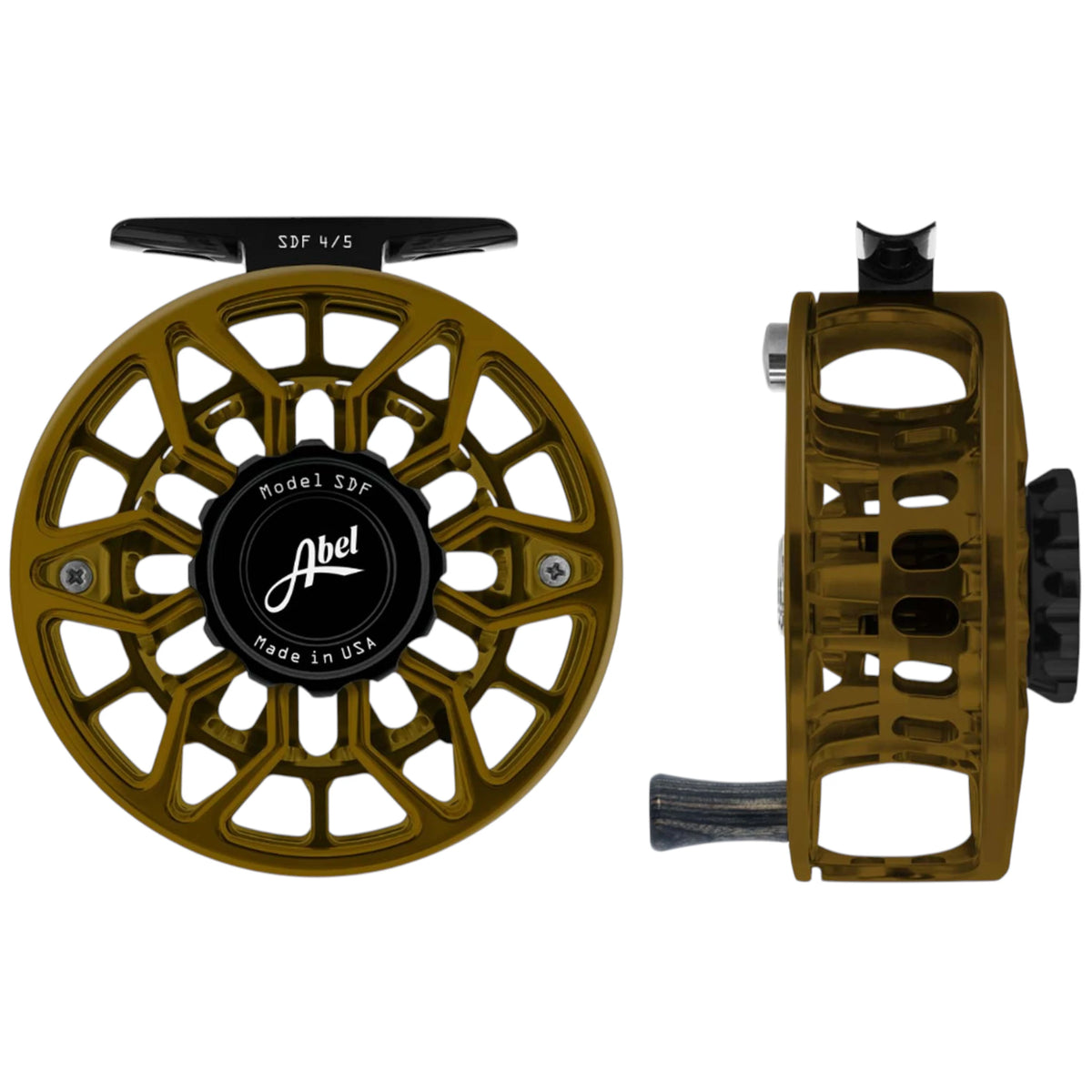 Abel SDF 4/5 weight fly fishing reel with ported, dark olive frame and black drag knob. 