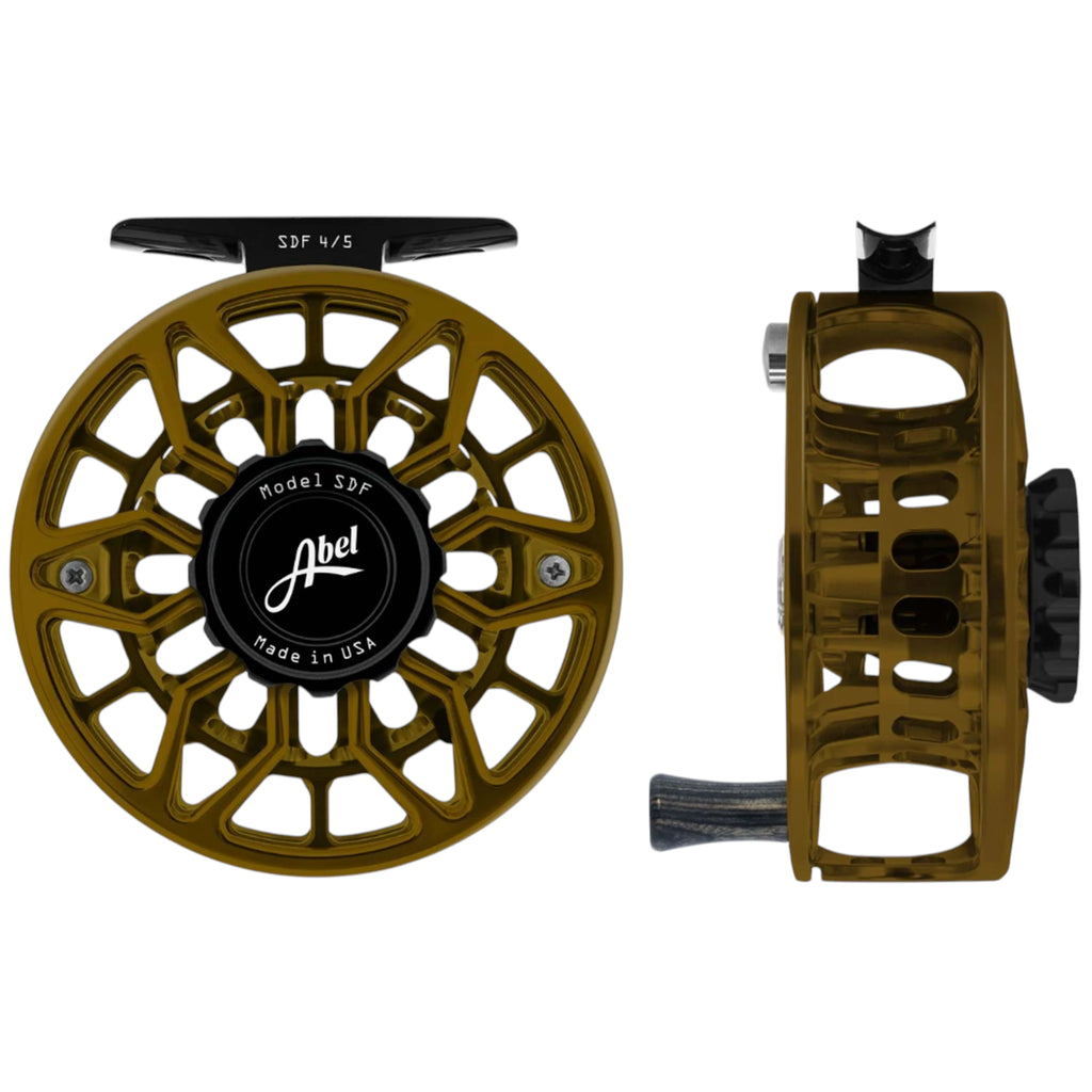 Abel SDF 4/5 weight fly fishing reel with ported, dark olive frame and black drag knob. 
