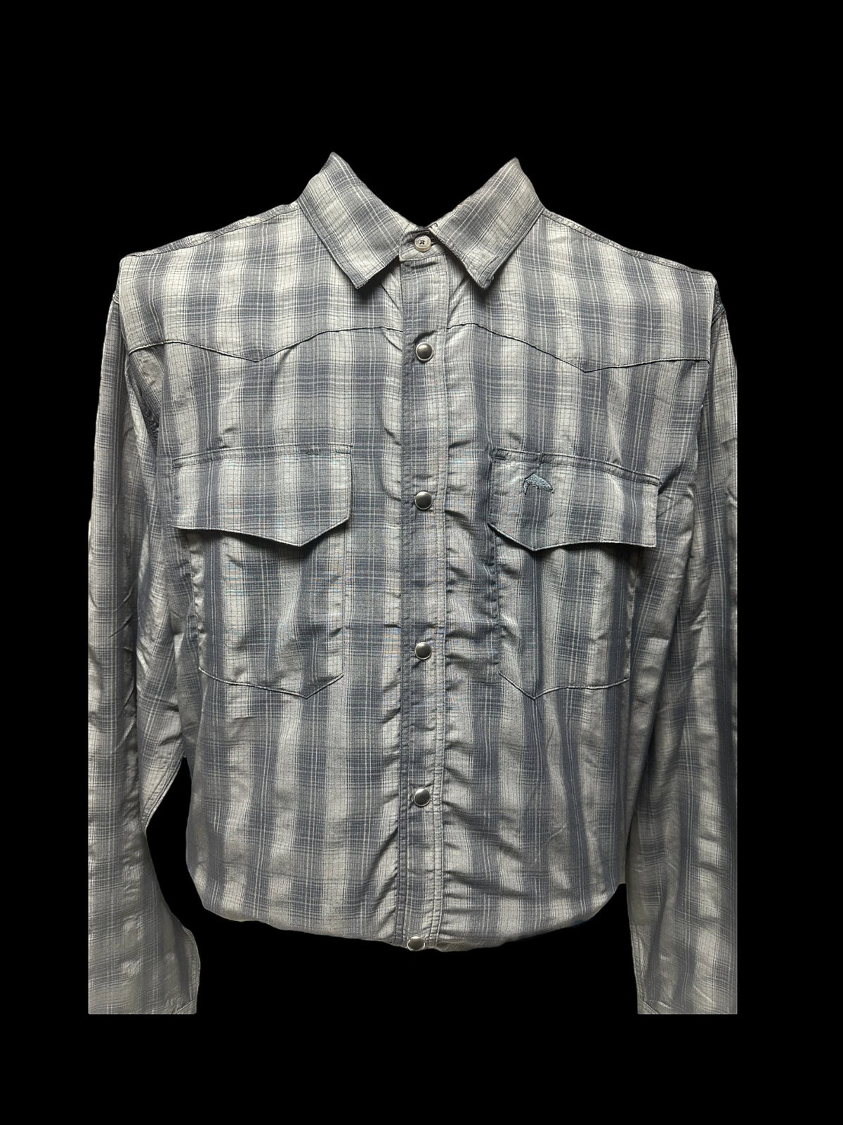 Simms Big Sky long sleeve fishing shirt in black plaid with pockets.