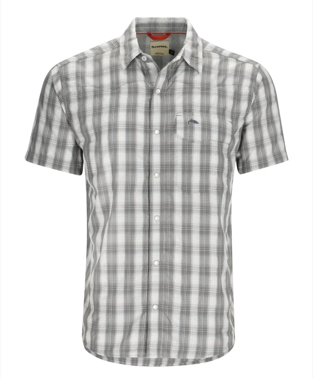 Simms Big Sky short sleeve fishing shirt featuring plaid pattern.