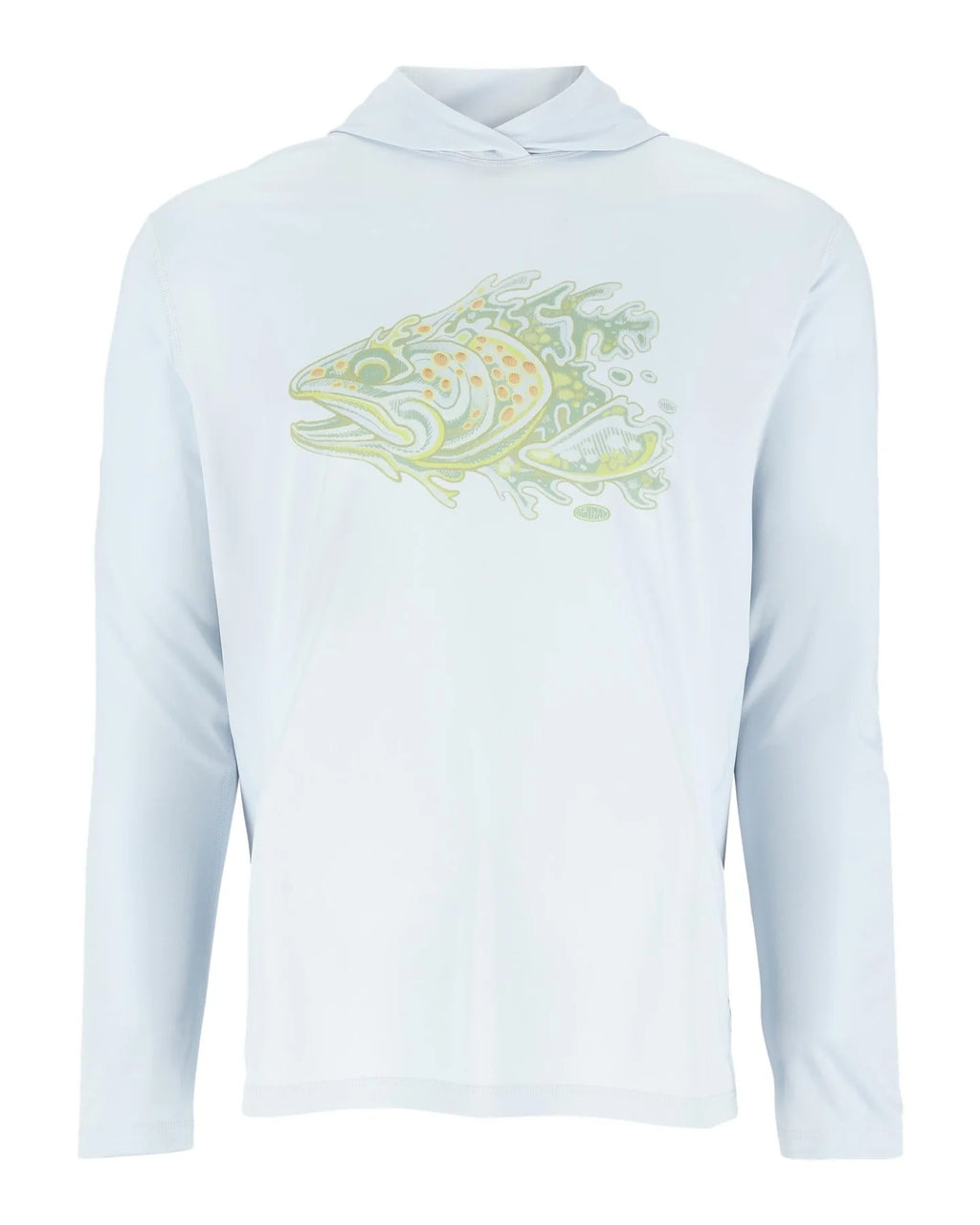 Simms Tech hoody Artist Edition in bimini blue featuring green trout head.