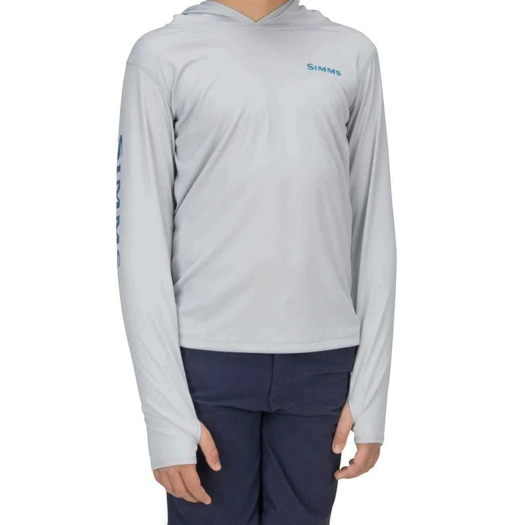 Simms Kid's Solar Tech Hoody in sterling featuring thumb holes.