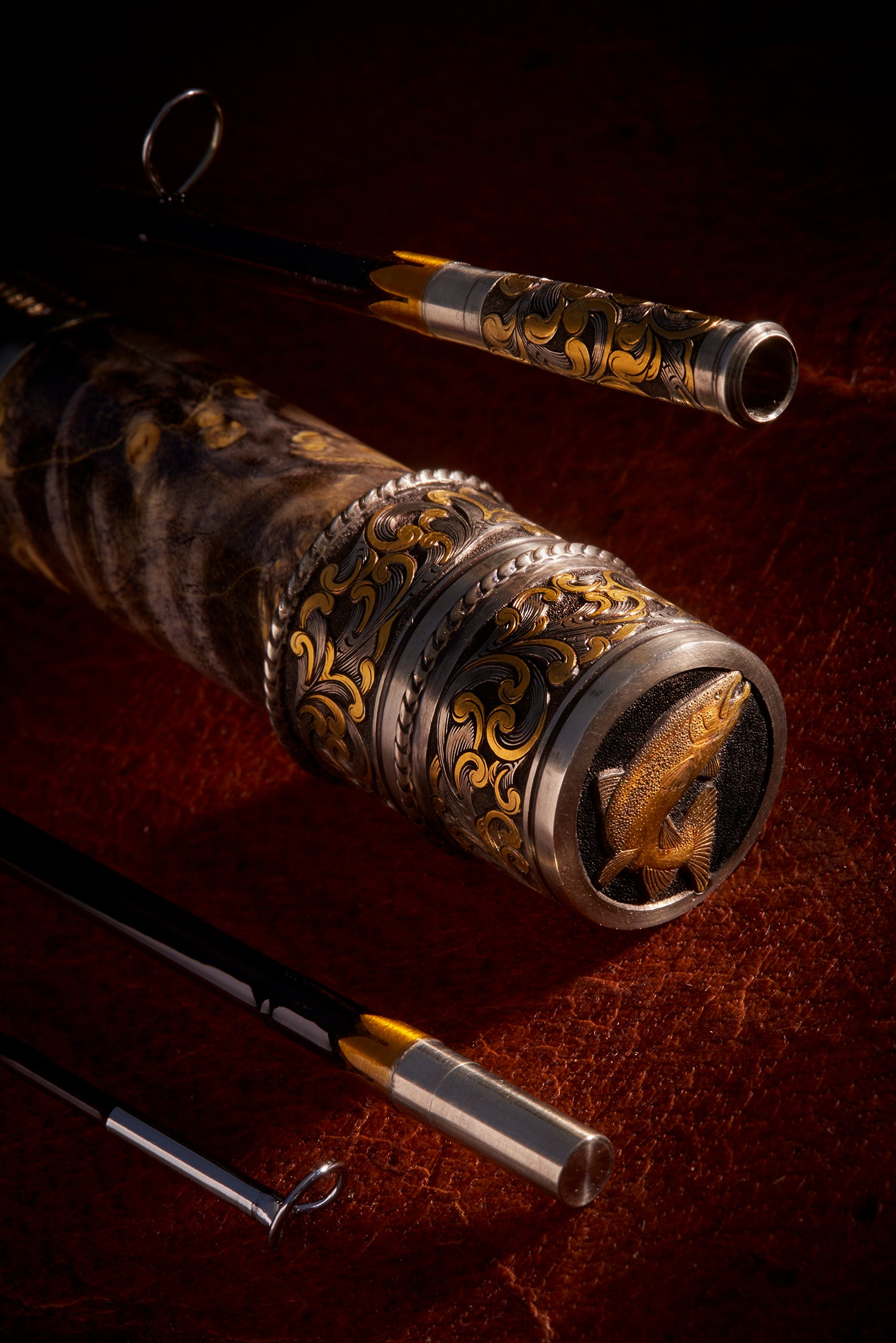 wilson hart series oyster bamboo fly rod hand engraved by bill oyster with gold trout and engraved ferrules7.JPG
