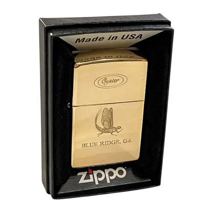 Hand engraved Mayfly with Oyster logo on classic Zippo